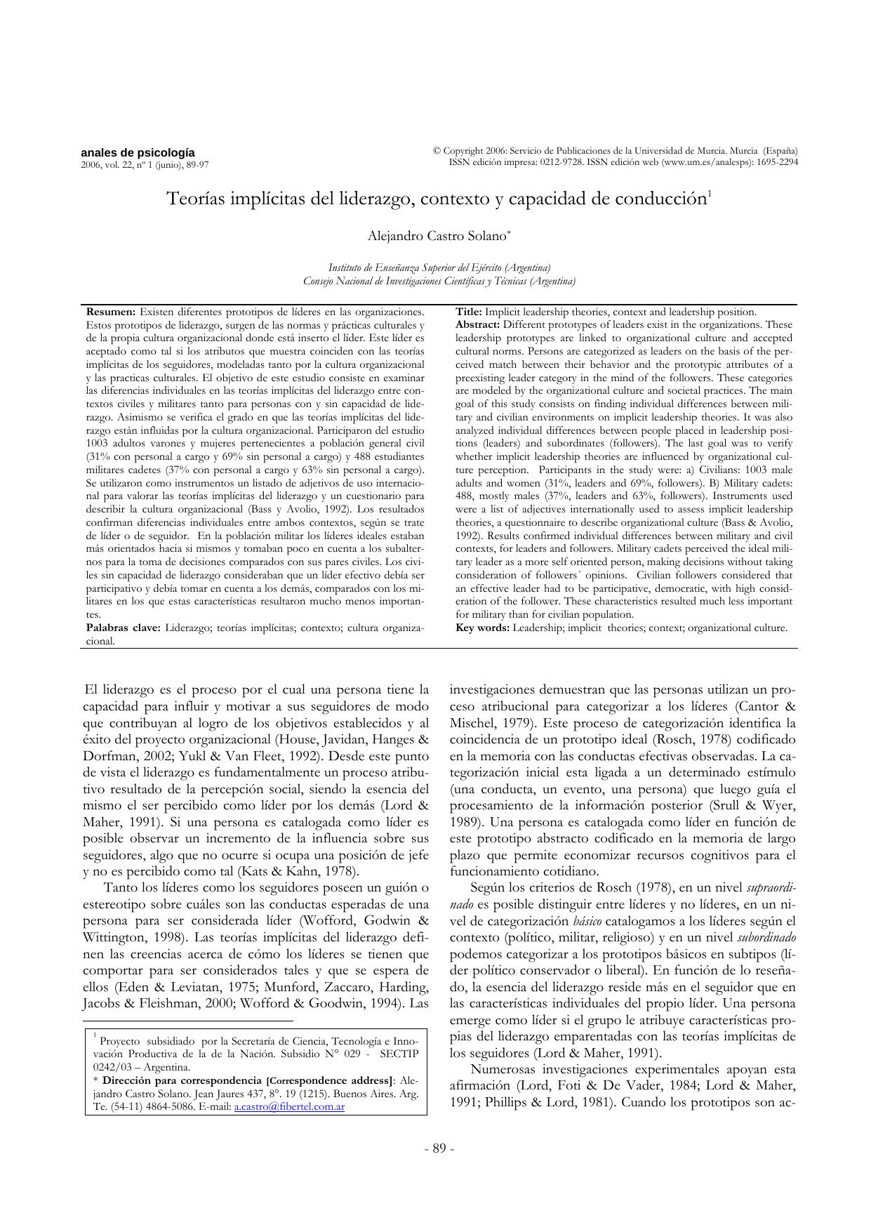 Teoria implicitas del liderazgo, contexto y capacidad de conduccion